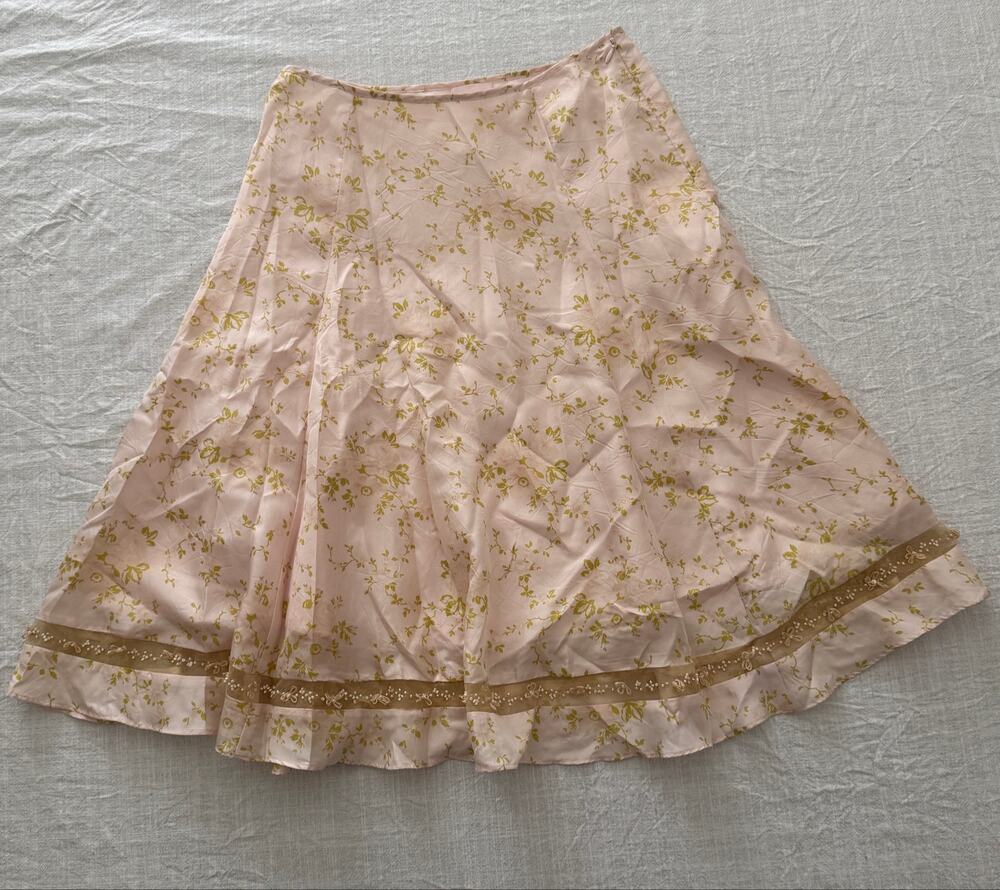 Fred Segal NWT | vintage pink floral silk skirt, delicate beadwork | size 4
